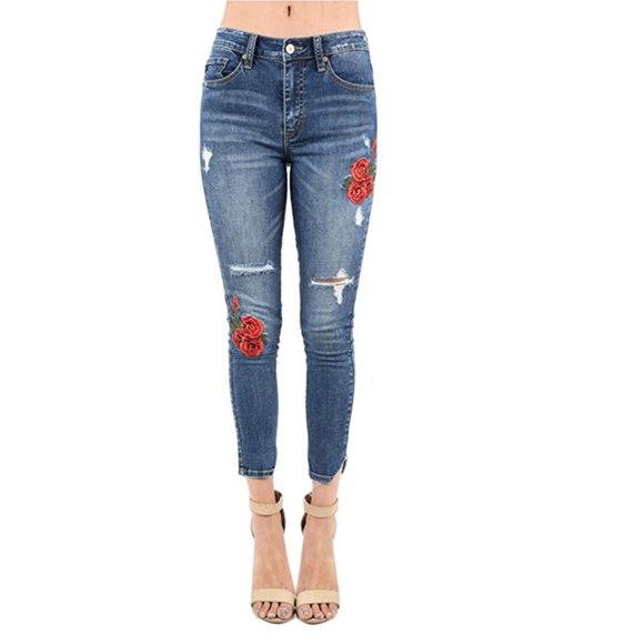 KanCan Denim - KanCan High Rise Distress Skinny Embroidered Roses